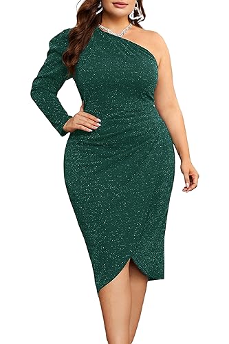 KIMCURVY Plus Size Dresses Women Party Long Sleeve Sparkly Midi Cocktail Dress Elegant Homecoming Sequin Dress Dark Green 18W