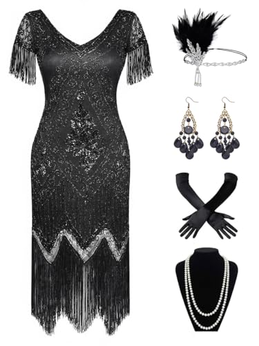 881A - Plus Size 1920s Vintage Fringed Sleeves Gatsby Sequin Beaded Tassels Hem Flapper Party Prom Cocktail Dress with Accessories (Black Black, 2X)