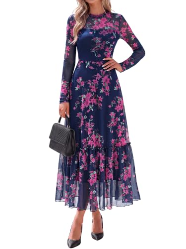 BTFBM Boho Mesh Long Sleeve Dress for Women,Floral Navy Pink,XS