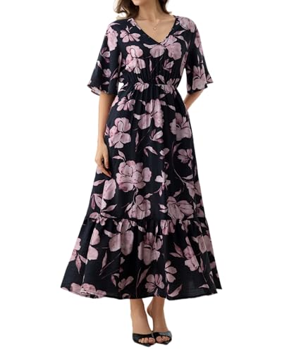 Women's Summer 3/4 Enco Sleeve Rayon Viscose Long Maxi Dresses for Seniors