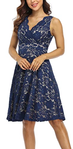MISS MOLY Lace Dresses for Women Overlay Fit and Flare Dress V Neck Elegant Wedding Dress Skater Party Dresses Blue M
