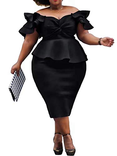 VERWIN Plus Size Women's Midi Dress Patchwork Short Sleeve Women's Bodycon Dress High Waist Dress (XX-Large, Black)