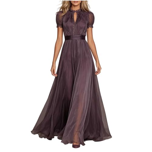 Women's Lace Evening Dress Puff Short Sleeve High Neck Maxi Gown Purple