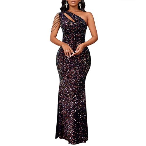 Cololura Women Sequin Elegant Sexy One Shoulder Tassel Oblique Collar Mermaid Bodycon Cocktail Evening Dress
