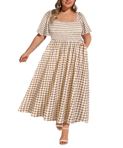 RITERA Plus Size Gingham Dresses for Curvy Women 3X Short Sleeve Summer Dress Casual Smocked Square Neck Brown Plaid Wedding Guest Ruffle Maxi Dress Vacation A Line Sundress with Pocket 3XL 22W 24W