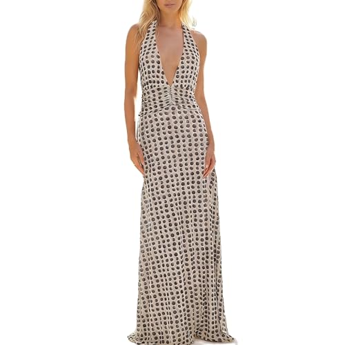 Amiblvowa Women Halter V Neck Maxi Dress Sexy Deep Plunge Backless Bodycon Low Cut Long Dress Open Back Cocktail Summer Beach Sundress Formal Wedding Guest (Polka Dots, M)