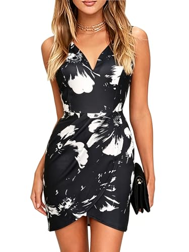 oxiuly Women's Wedding Guest Bodycon Dresses Church Chic Graduation Party Occasion Dinner Birthday Sheath Dress OX345 Black White Big Flower S