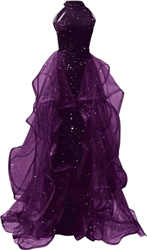 Zeeyecie High Neck Sequins Plum Prom Dresses 2026 Long A Line Tulle Sparkly Formal Evening Dresses Ball Gowns for Women US6