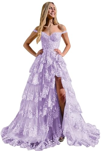 Women Lilac Prom Dresses with Slit Long Ruffles Cold Shoulder Sequins Lace Formal Party Evening Glitter Ball Gowns Anniversary Size 00