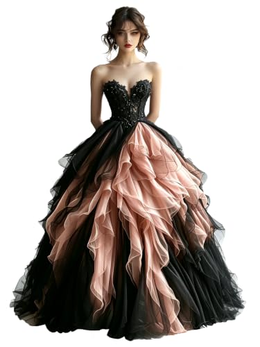 Women's Gothic Wedding Dress Sweetheart Ruffle Black Tulle Bridal Prom Gown | Wedding Gown for Bride Victorian Bridal Gown,Black Lace Applique Victorian Ball Gown,Sweetheart Gothic Vestido de Novia