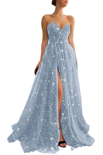 UZN Dusty Blue Tulle Prom Dresses Sparkle Glittery Starry Long Strapless Split V-Neck A-Line Backless Formal Evening Party Gown for Women with Pockets US10