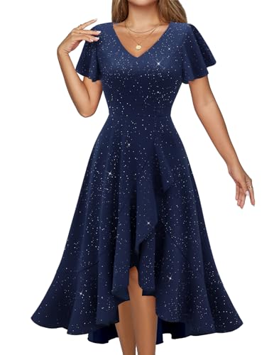 Cocktail Dress for Women 2026, Sequin Formal Wedding Guest Party Navy 2XL | Sparkly Fit Flare Tea Party Hi Low Dress, Glitter Evening Gown for Homecoming, Modest Prom, Gala, A line, V-Neck, Midi