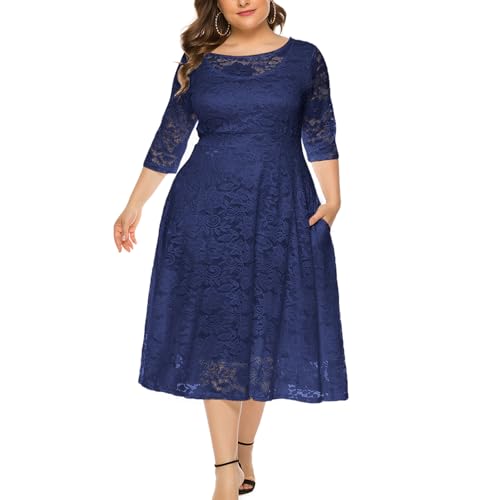 Eternatastic Womens Scooped Neckline Floral lace Top Plus Size Cocktail Party Midi Dress XXL Deep Blue