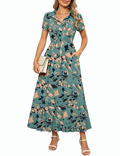 Kranda Women Summer Button Down Collared V Neck Short Sleeve Casual Long Beach Swing Flowy Chiffon Boho Floral Maxi Dress with Pockets Aqua Green Leaf,X-Large
