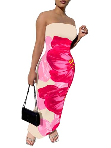 PINSV Women Maxi Strapless Dress Bodycon Tube Dresses Flower Print L
