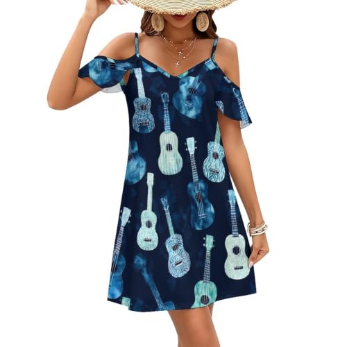 Ukuleles Guitar Tie Dye Off The Shoulder Dress Slip Dresses for Women Medium