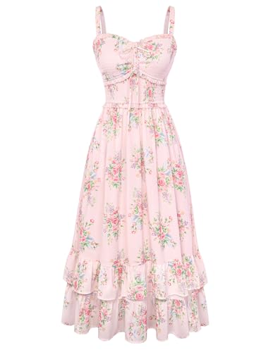 Women's Floral Dress Smocked Sundress with Pockets Beige Pink Floral XL