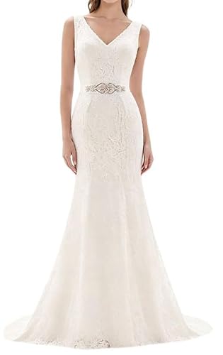 Likedpage Women's Lace Mermaid Wedding Dress, V-Neck Sleeveless Bridal Gown with Beaded Belt Ivory US20W