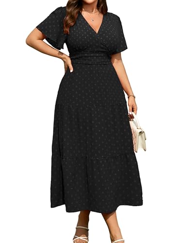 RWJ Women's Plus Size Wrap Dress V Neck Summer Short Sleeve Black X-Large