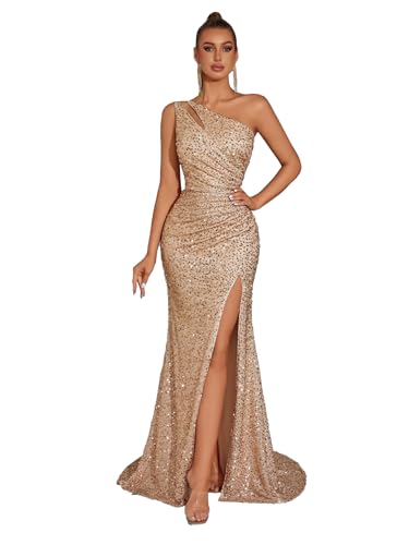 ADYCE Evening Gowns Formal Dresses for Women Cocktail Party Sequin Tulle Sexy One Shoulder Floor Length Prom Wedding Guest Dress Champagne S