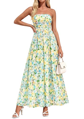 PRETTYGARDEN Women Strapless Floral Maxi Dress,Floral White Light Green,XL | Summer Boho Dresses, Tube Top, Sleeveless, Long Flowy, A-Line, Garden Party, Wedding Guest Dress, Beach Vacation Outfits