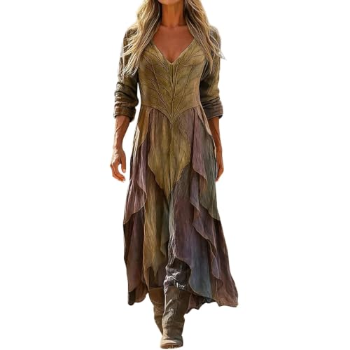 Womens Long Sleeve Boho Dress V Neck Flowy Floral Maxi Sundresses | Fall Vintage Western Casual Bohemian outfit Elegant Wedding Guest Dress Soft Lightweight Travel Clothes Vacation Beach 2026