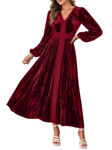 Evadellia Womens Velvet Long Sleeve V Neck Cocktail Party Midi Dress | with Pockets, A Line, Wedding Guest, Semi Formal, Evening Prom, Elegant, Anniversary Holiday Christmas, Fall Winter Outfits