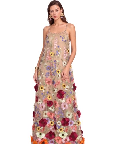 KAELITH Women's 3D Floral Embroidery Tulle Maxi Wedding Guest Dress | Romantic 3D floral gown with dimensional flower appliqués, designed for prom nights, garden celebrations and evening events.