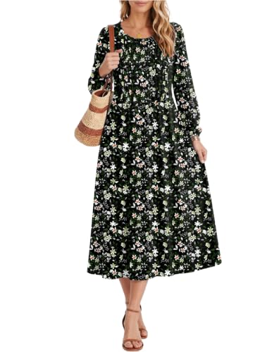 Zeagoo Dresses for Womens Fall Dress Long Sleeve Polkda Dot Dresses A Line Flare Dress Red Dot Printed Sundress, Little Green Flower S