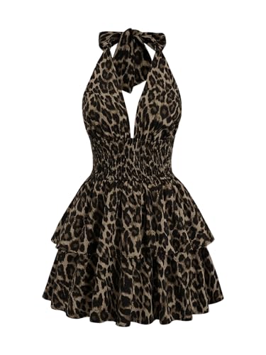 MakeMeChic Women's Leopard Halter Dress Backless Tie Y2k Mini Dresses