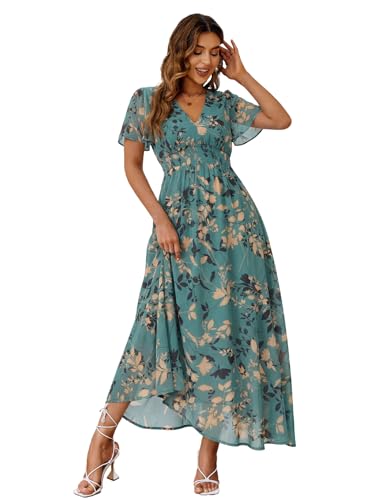 Simplee Womens Boho Floral Maxi Dress Semi Formal Spring Wedding Guest V Neck Short Sleeve Empire Waist Long Summer Dresses (M Lake Green)