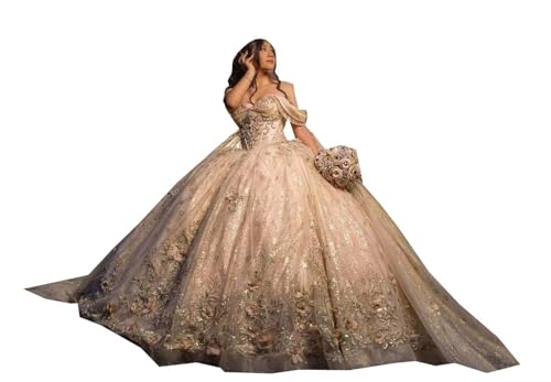 Ball Gown Off the Shoulder Mexican Charro XV Quinceanera Prom Party Dresses with Sleeves Long Cape Sparkly Tulle Handmade Flowers Floral Lace for Women Girl Champagne Gold Emeroidery 2
