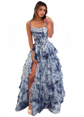 Puffy Spaghetti Straps Short Floarl Navy Prom Dresses for Teens 2026 US6