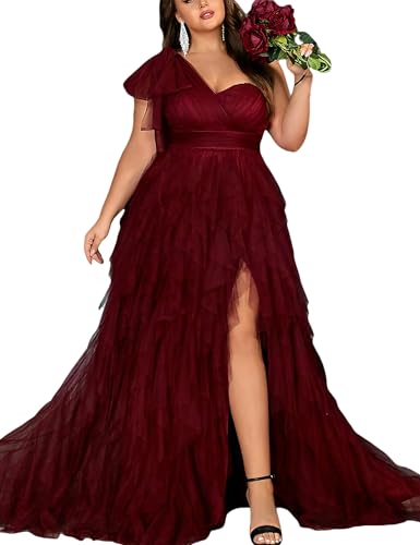 VOUIAO Women Plus Size Wedding Bridesmaid Formal Prom Dress Wine red 5XL | curvy,bow one shoulder,a line,tulle mesh,high slit,invisible zipper,homecoming maxi dresses,party cocktail prom evening gown