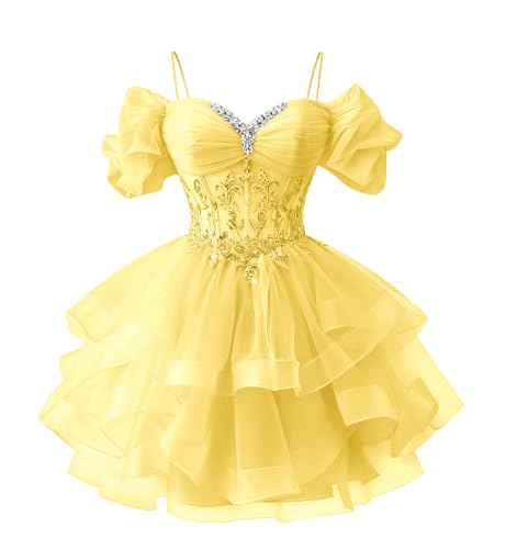 Uryouthstyle Yellow Tiered Tulle Cold Shoulder Homecoming Dresses Beaded Lace Applique Sequined Sparkly Pleated Short Prom Dress for Juniors Backless Sexy HOCO Dresses US16
