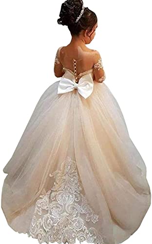 Flower Girls Embroidery Princess Dress First Communion Tulle Ball Gown Dresses for Girls Cinderella Prom Dress Long Sleeves with Sweep Train Pageant Dresses for Girls 7-16, Size 8