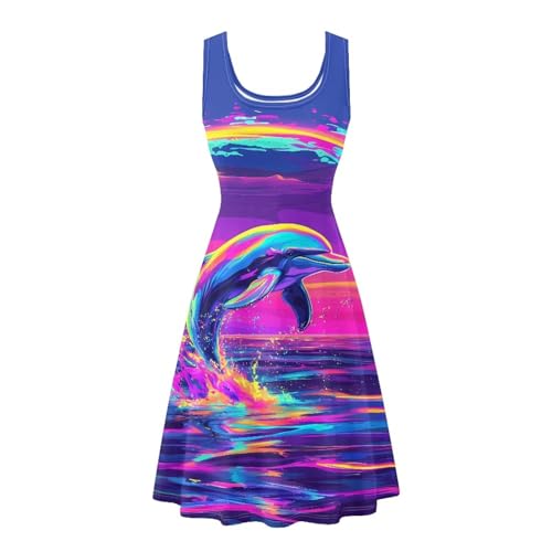 Dreaweet Rainbow Dolphin Dresses for Women with Pockets Size 3XL Casual Summer Dress Midi Length A Line Skirts Crewneck Flowy Beach Sundress Cover Up