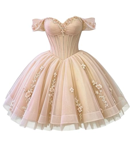 XVPDXHF Lace Homecoming Dresses Champagne Puffy Dama Dresses Size 12 | off shouler quinceanera dama dress,gliitter sweetheart cocktail dress,tulle homecoming dress,applique puffy dama dresses