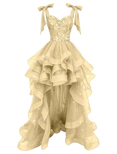 High Low 3D Butterfly Prom Dress for Women Backless Tiered Pleated Sparkly Tulle Champagne Prom Dresses for Teens V Neck Sequin Applique Puffy Evening Gowns with Bow