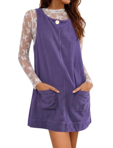 Hooever Women's Corduroy Overall Dress Round Neck A Line(Purple-M)