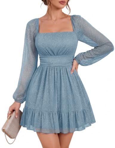 Bridesmay Women's Sparkly Mesh Long Sleeve Short Party Dress Light Blue S | Square Neck,Elastic Waist,A-Line,Stretchy,Flowy Ruffle Hem,Cute Mini Fall Dress for Wedding,Teens Formal,Dance Party