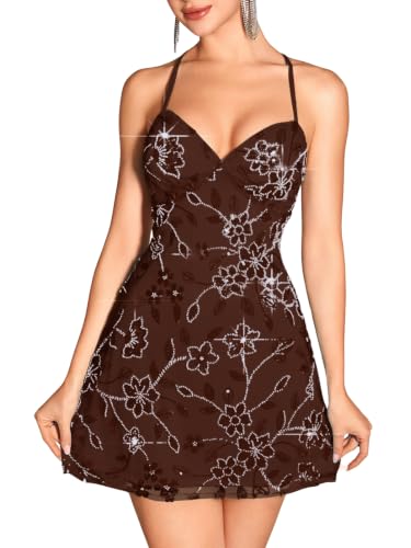 ShawGobow Beaded Sequin Dress for Women Coffee Brown M