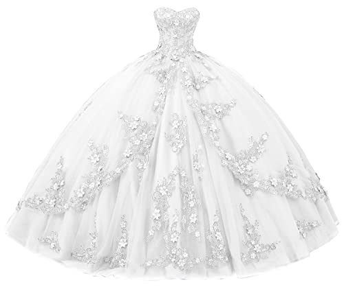 Long Sweetheart Quinceanera Dresses for Women Strapless Corset with Floral Appliques Beaded Tulle Prom Dress White US8
