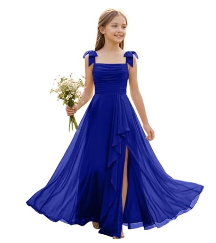 Qatuddl Junior Bridesmaid Dress for Wedding Royal Blue Chiffon Flower Girl Dress Ruffles Princess Pageant Prom Gown Size 16