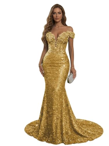 RYANTH Gold Mermaid Prom Dress for Women 2026 Long Sparkly Sequin Formal Dresses Off The Shoulder Corset Cocktail Party Gowns Size 16