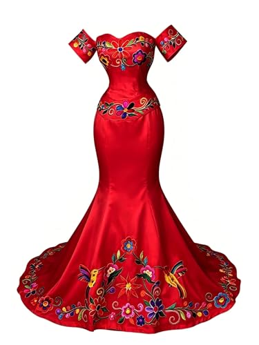 Modest Red Mermaid Bridesmaid Wedding Guest Dresses Evening Formal Gowns for Women Teen Junior Long Off the Shoulder Satin Colorful Flower Embroidered Boho 6