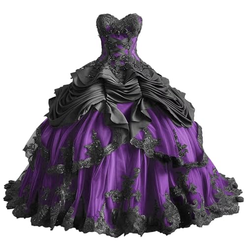 Mauuwy Gothic Purple with Black Tiered Quinceanera Dress 26Plus Size