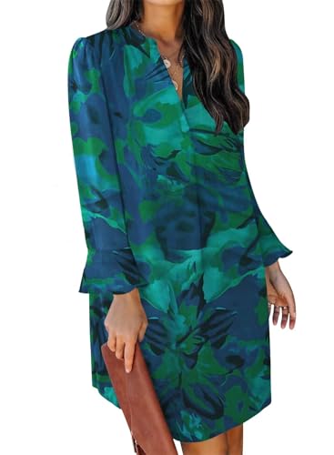 QACOHU Womens Fall Ruffle Long Sleeve V Neck Shift Dress Tie Green M