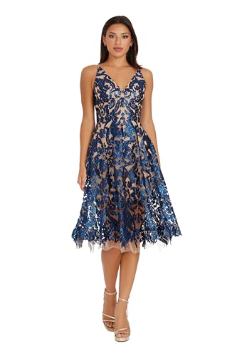 Dress the Population Women's Blair Plunging Fit and Flare Midi Dress Dress, Navy/Nude, M