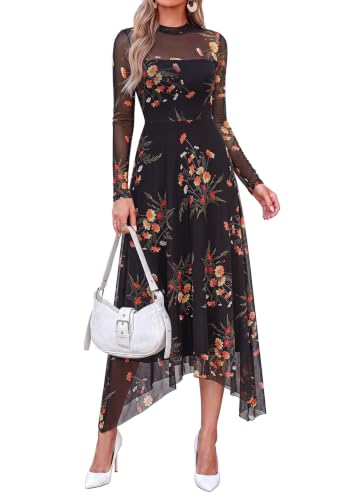 PRETTYGARDEN Women's Floral Mesh Midi Dress,Floral Black Yellow,L